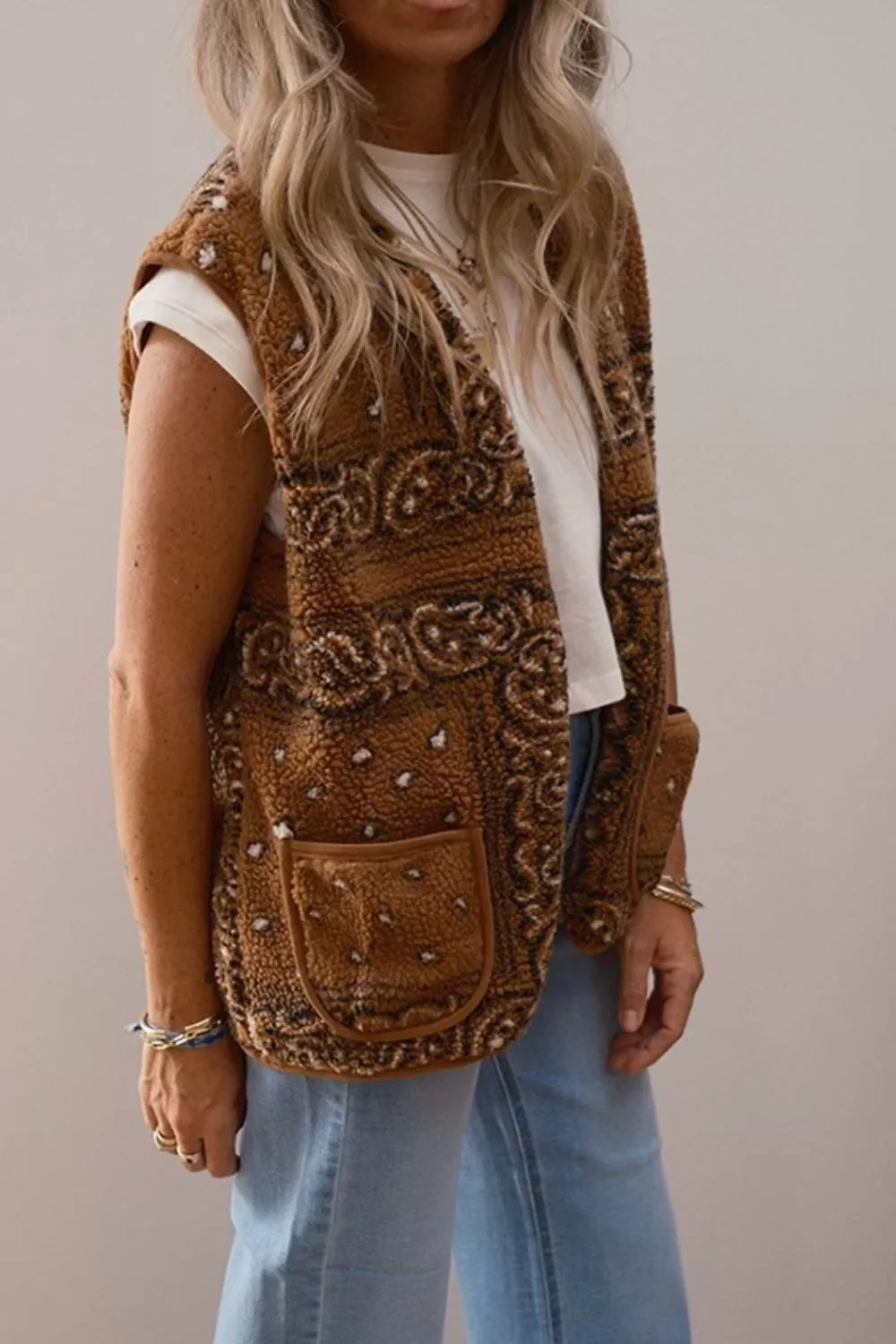 Fleece Open Front Vest Coat - Image 2