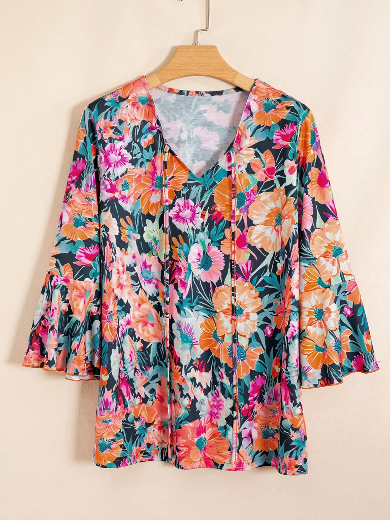 Floral 3/4 Flare Sleeve Tied Neck Blouse - Image 2