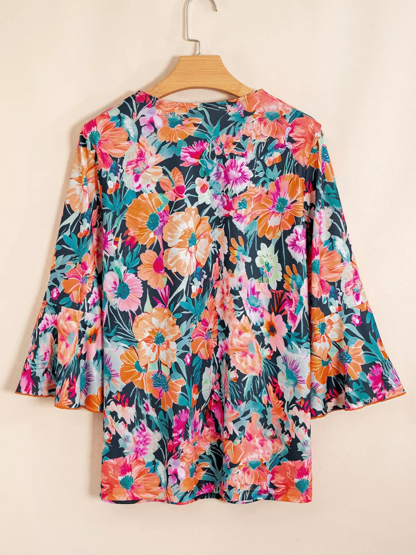 Floral 3/4 Flare Sleeve Tied Neck Blouse - Image 3