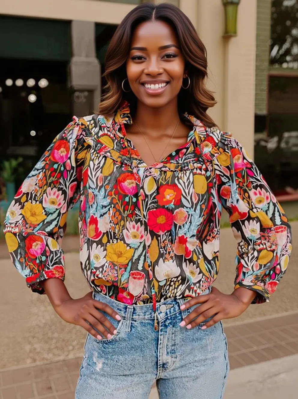 Floral 3/4 Puff Sleeve Tied Neck Blouse - Image 2
