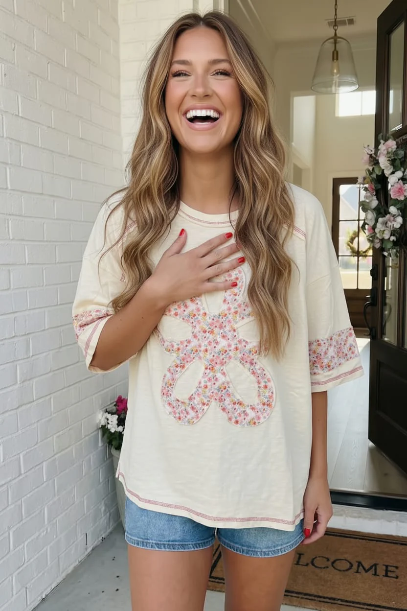 Floral Looped Cream Graphic Tee - Image 3