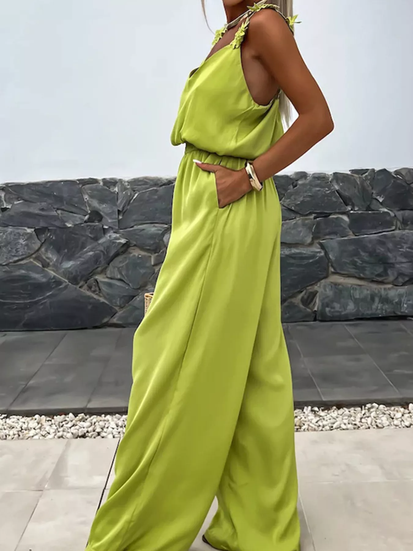 Floral Applique V-Neck Wide Leg Jumpsuit - Image 12
