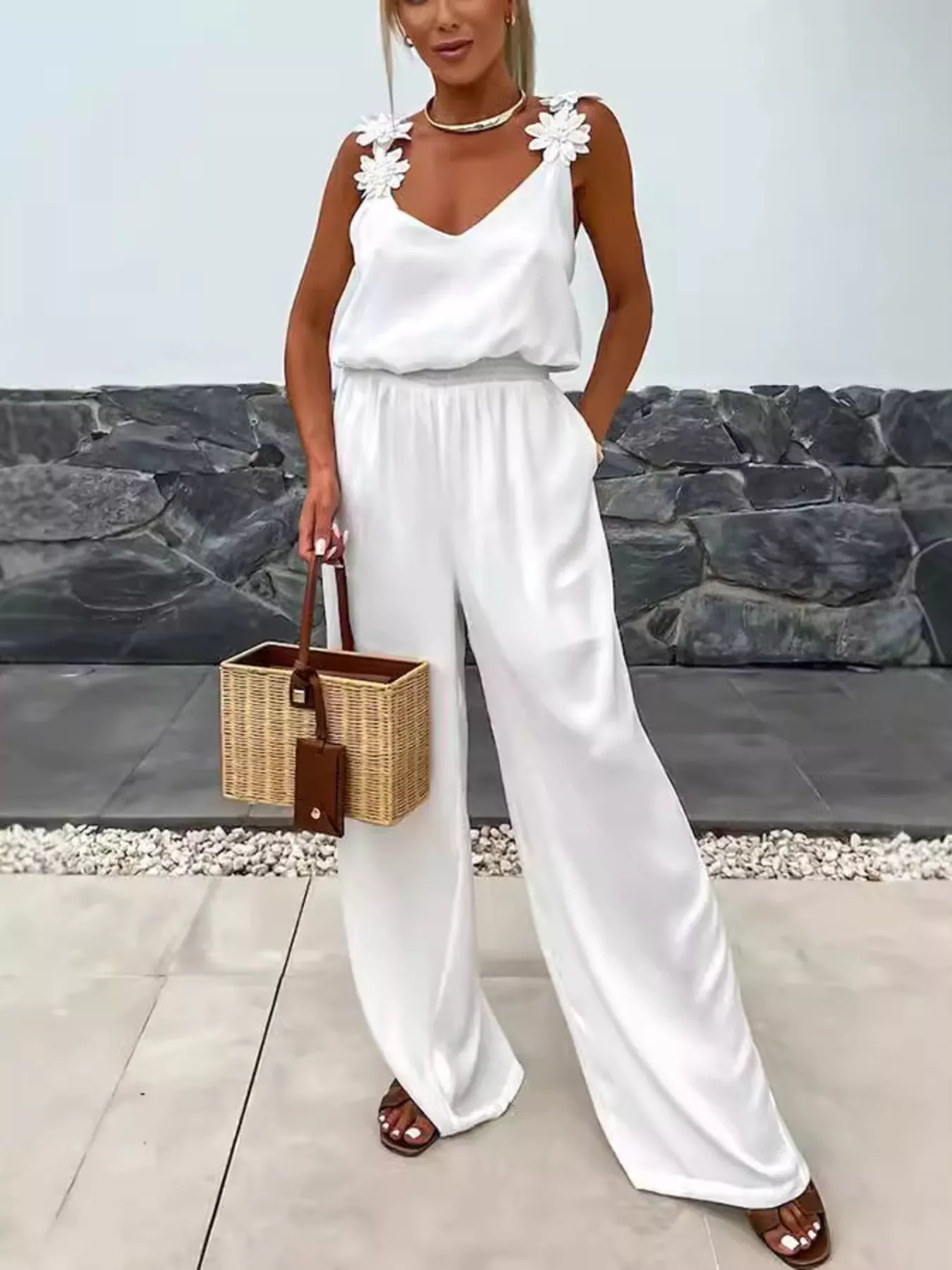 Floral Applique V-Neck Wide Leg Jumpsuit - Image 7