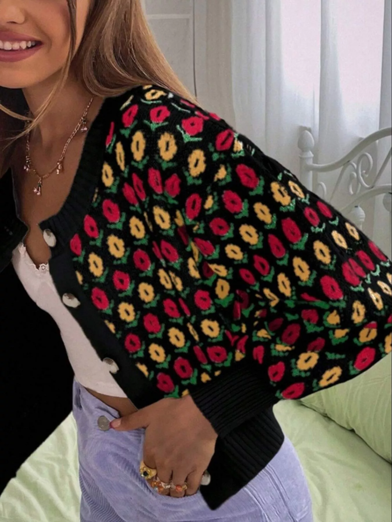 Floral Button Up Long Sleeve Cardigan - Image 9