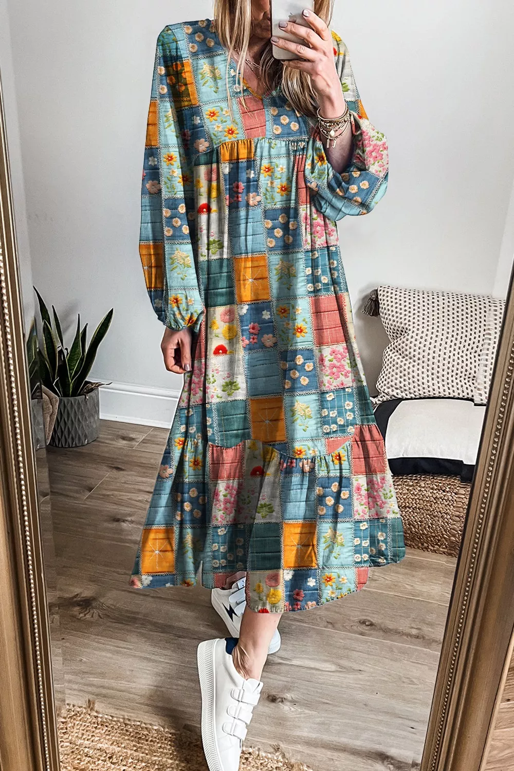 Floral Checkered V-Neck Dress - Image 5