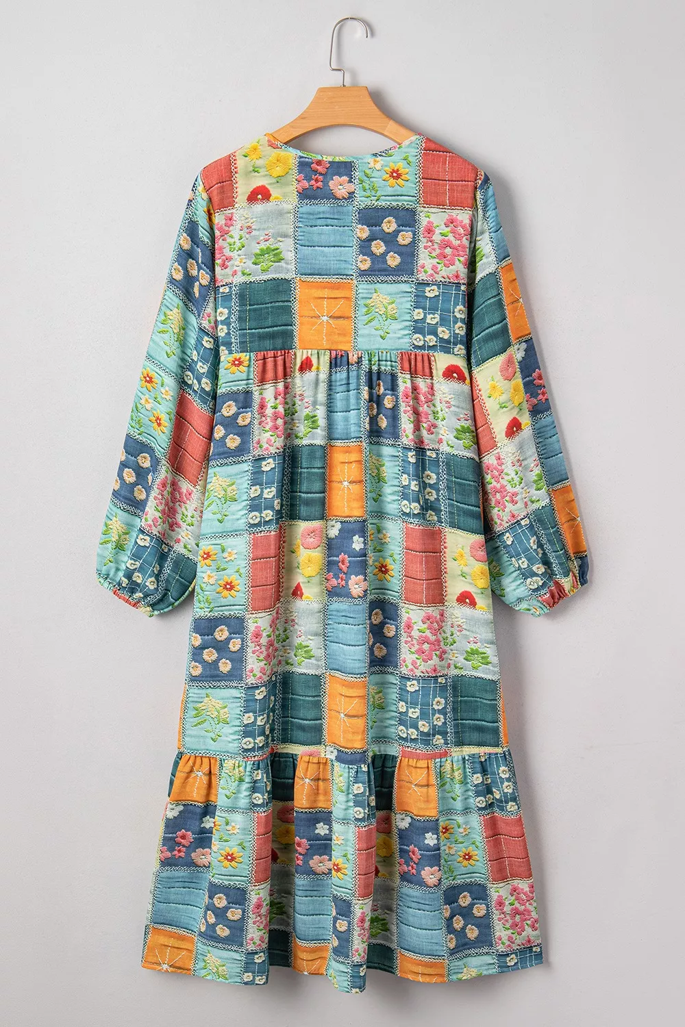 Floral Checkered V-Neck Dress - Image 7