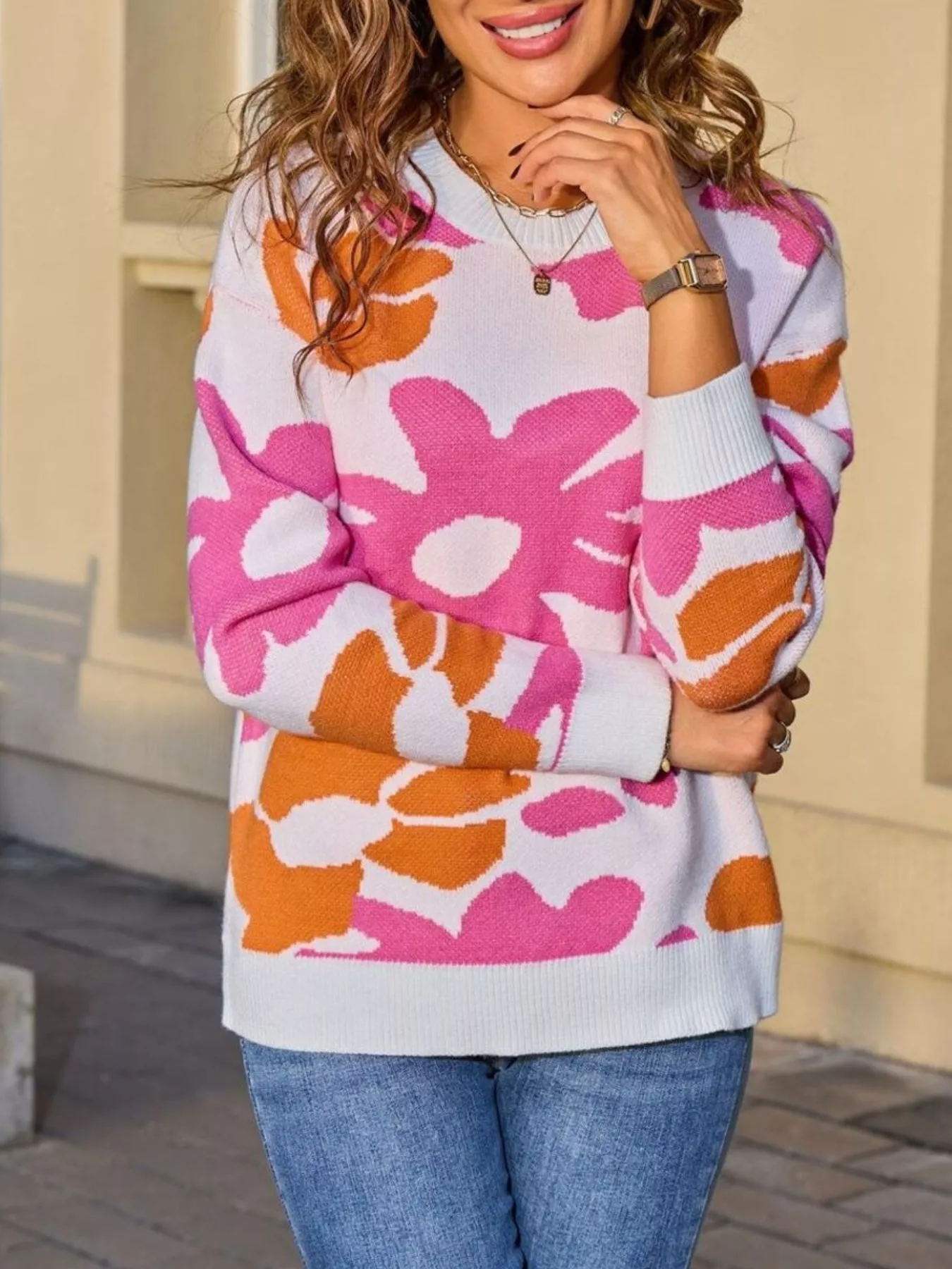 Floral Crew Neck Long Sleeve Sweater - Image 2