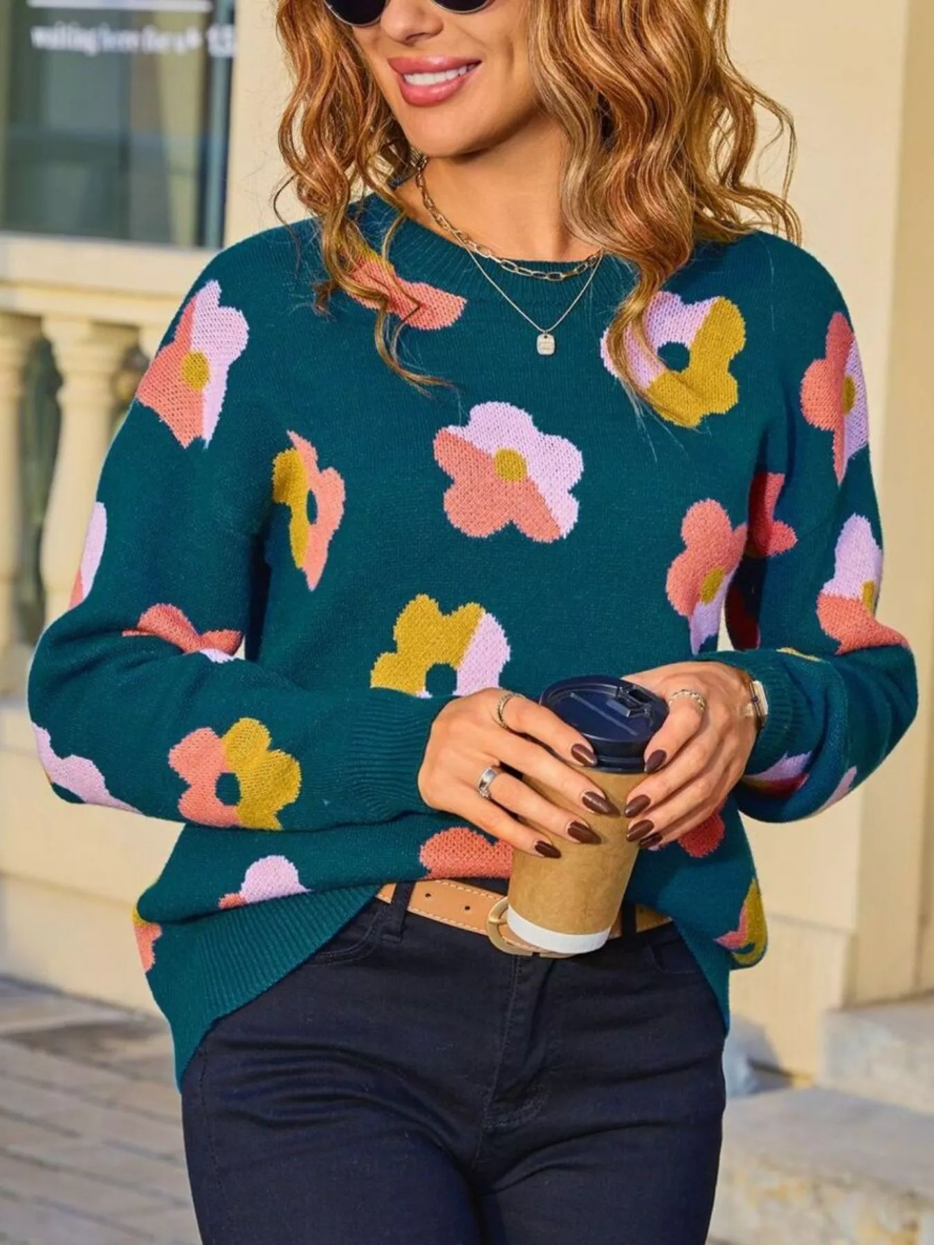Floral Crew Neck Long Sleeve Sweater - Image 9