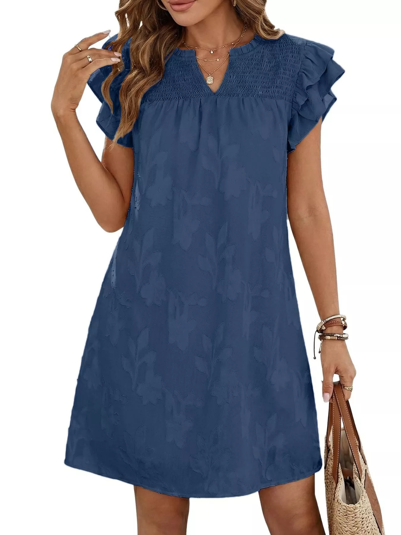 Floral Embossed Ruffle Sleeve Mini Dress - Image 12