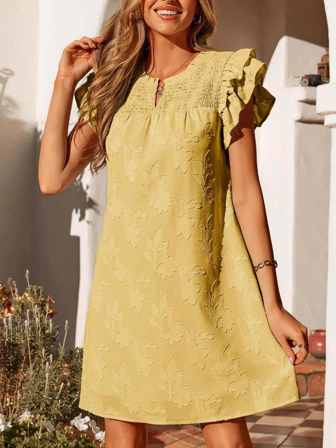 Floral Embossed Ruffle Sleeve Mini Dress - Image 26