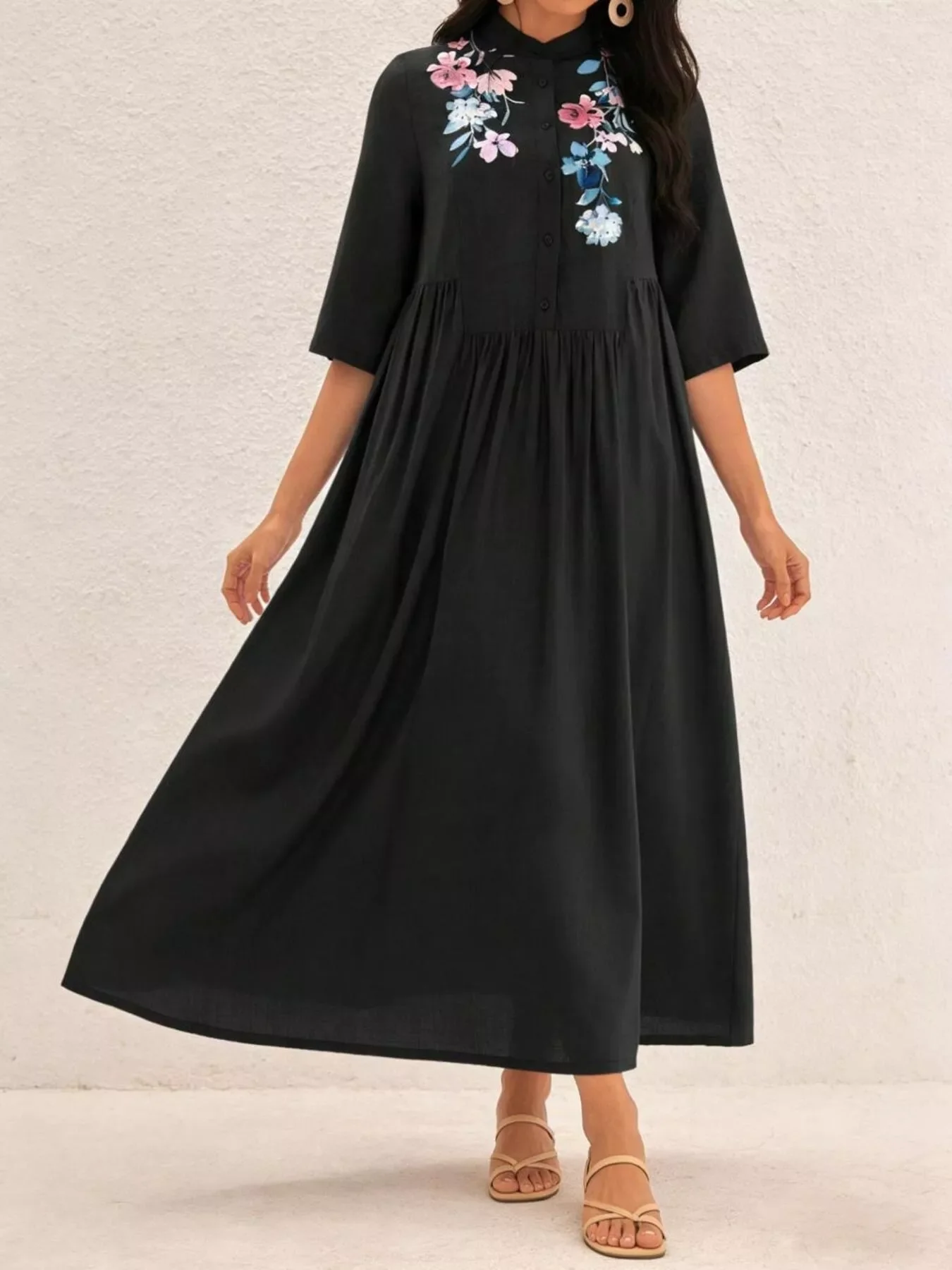 Floral Embroidered Casual Midi Dress
