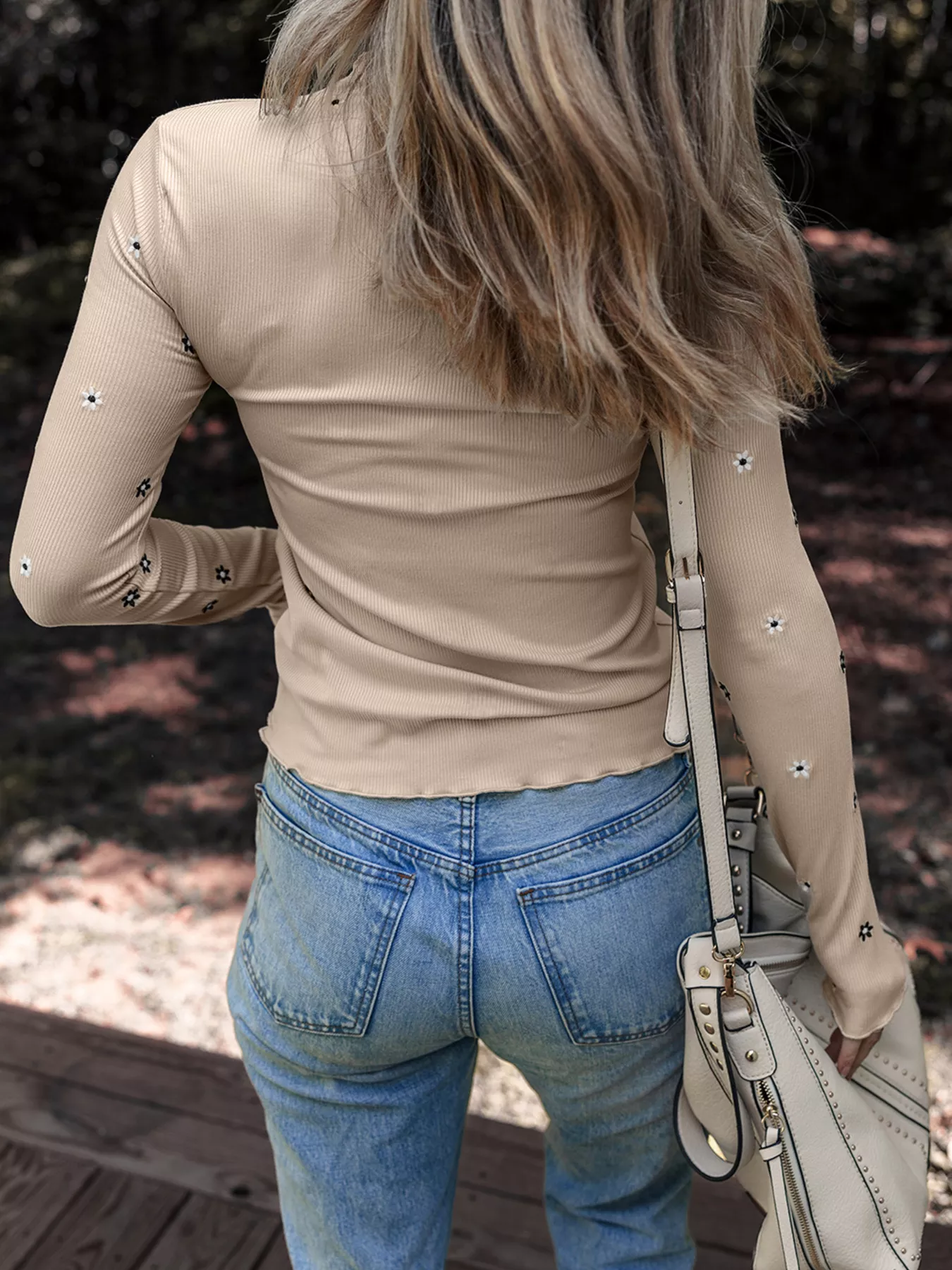 Floral Embroidered Detail Ribbed Long Sleeve Top - Image 2