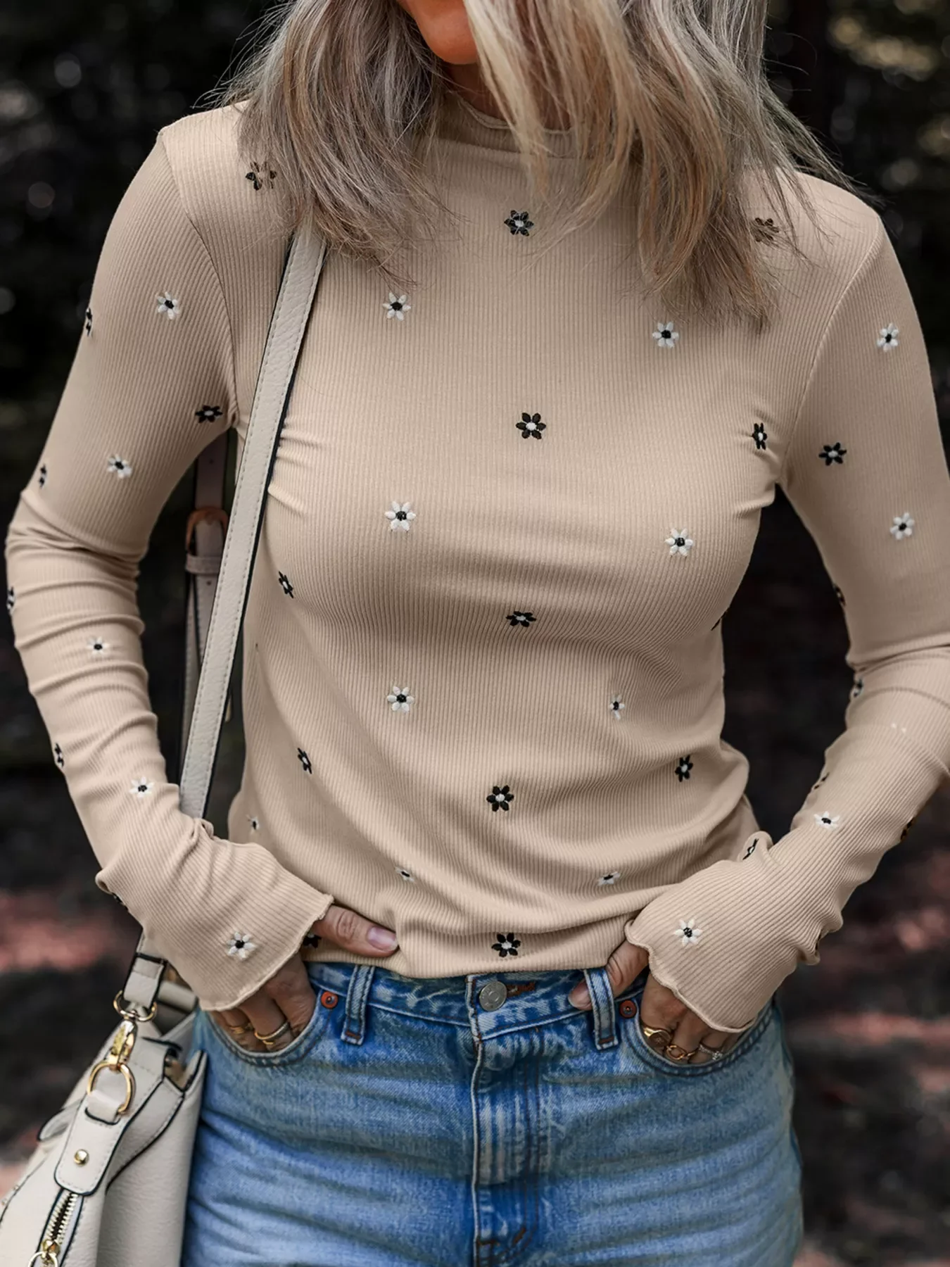 Floral Embroidered Detail Ribbed Long Sleeve Top - Image 5