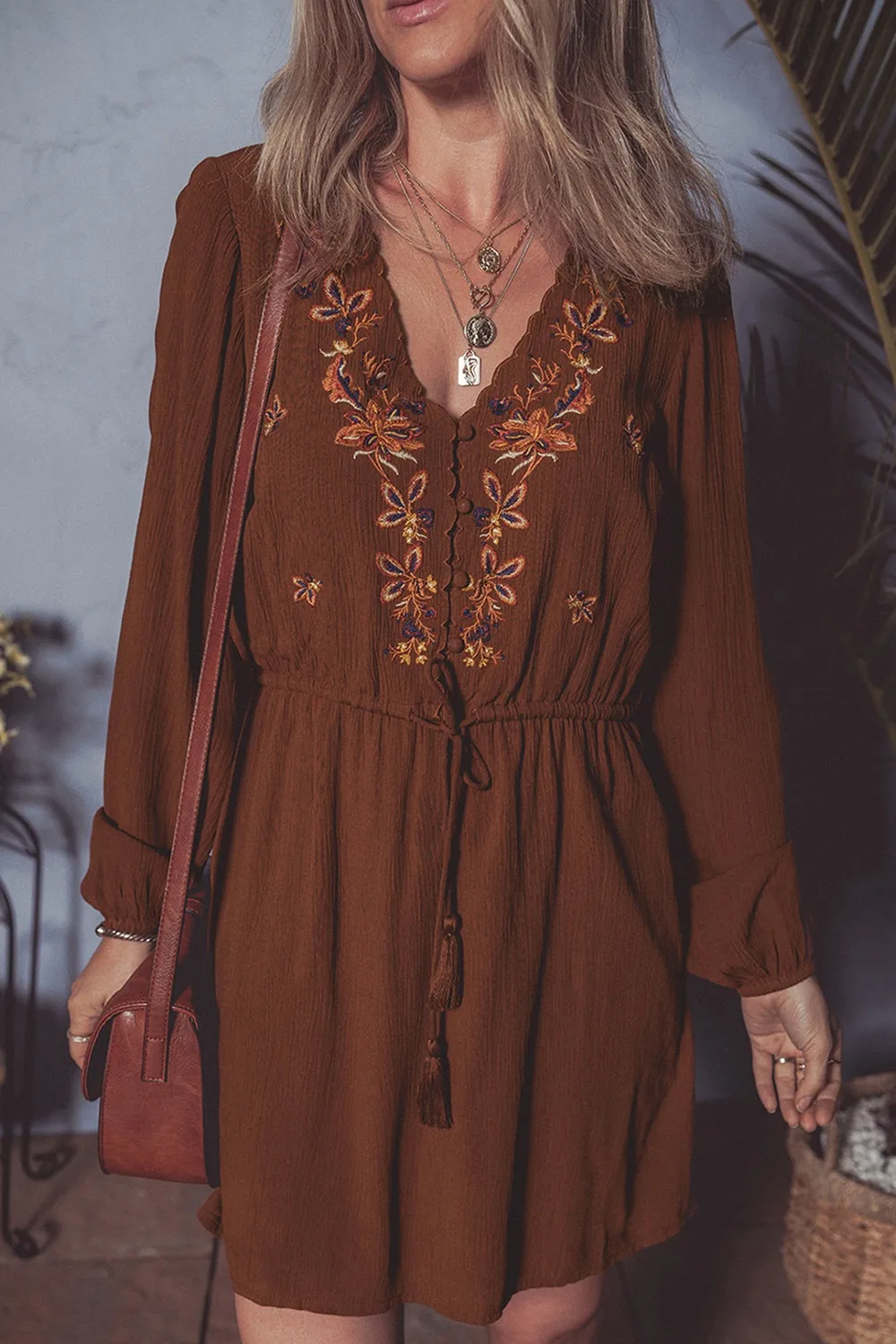 Floral Embroidered Long Sleeve Mini Dress - Image 3