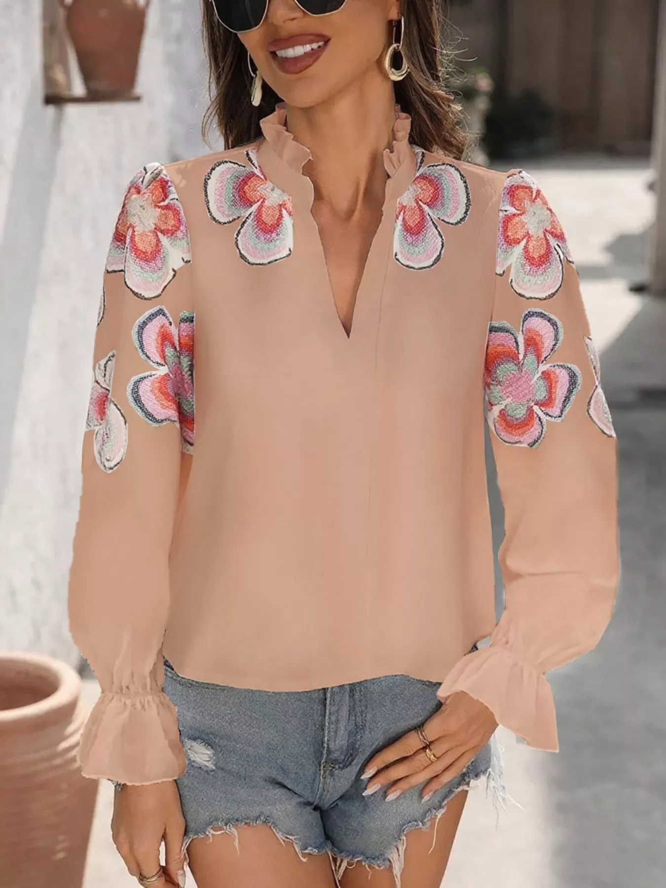 Floral Embroidered Notched Long Sleeve Blouse - Image 10