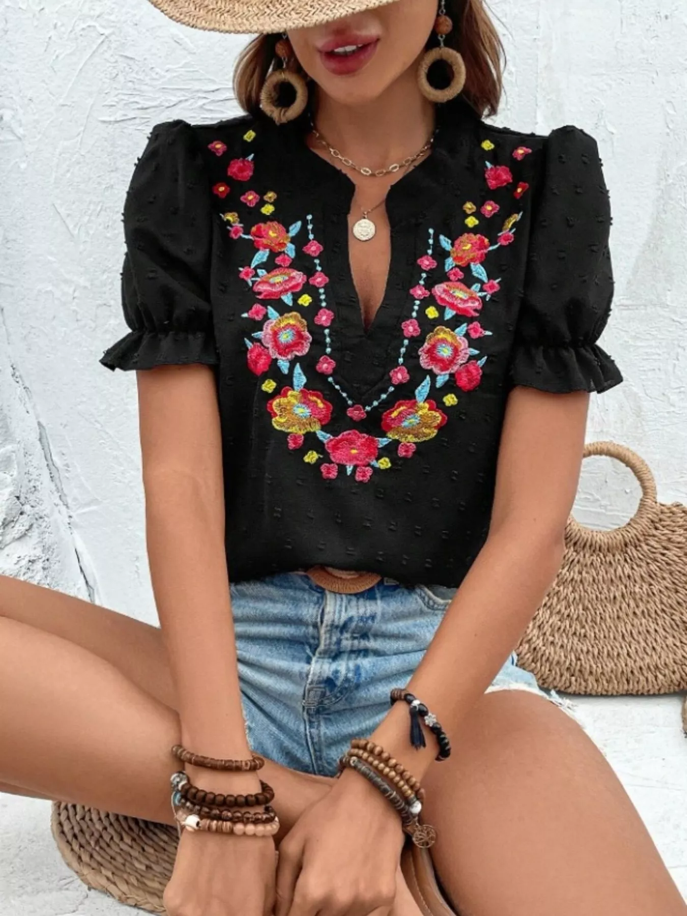 Floral Embroidered Puff Sleeve Blouse - Image 10