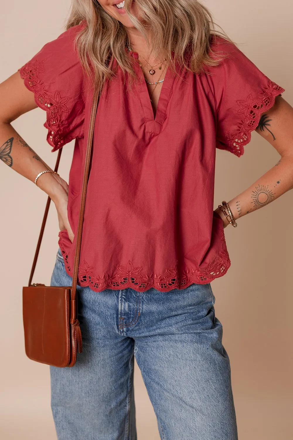Floral Embroidered Scallop Trim Short Sleeve Notched Blouse