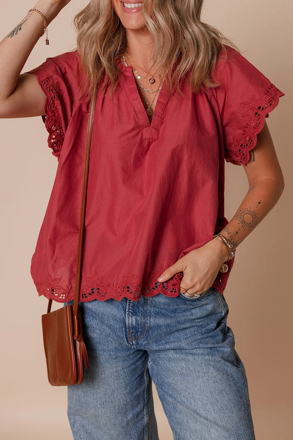 Floral Embroidered Scallop Trim Short Sleeve Notched Blouse - Image 2