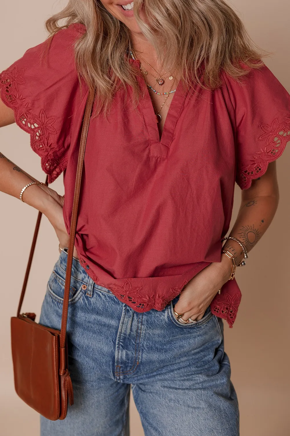 Floral Embroidered Scallop Trim Short Sleeve Notched Blouse - Image 6