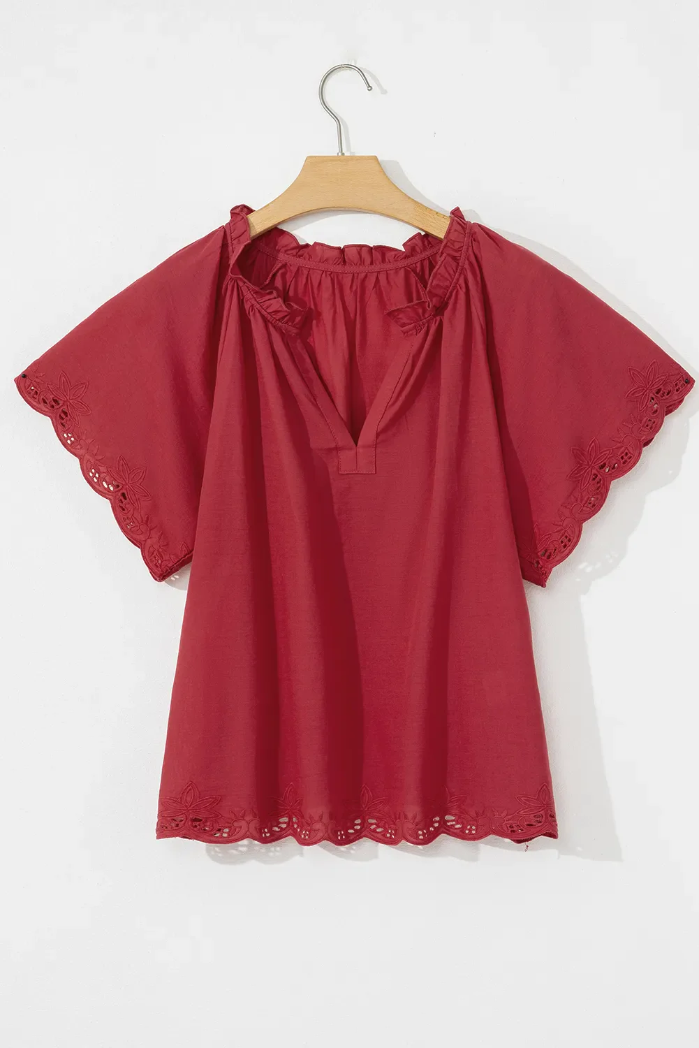 Floral Embroidered Scallop Trim Short Sleeve Notched Blouse - Image 9
