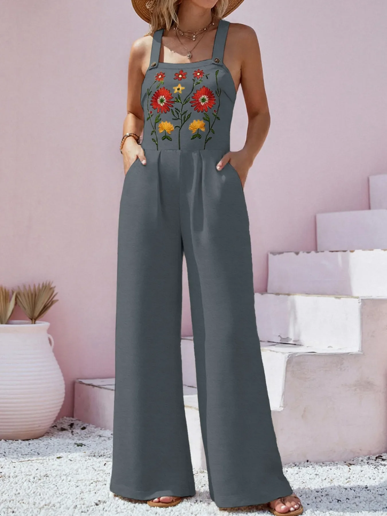 Floral Embroidered Wide Leg Jumpsuit - Image 5