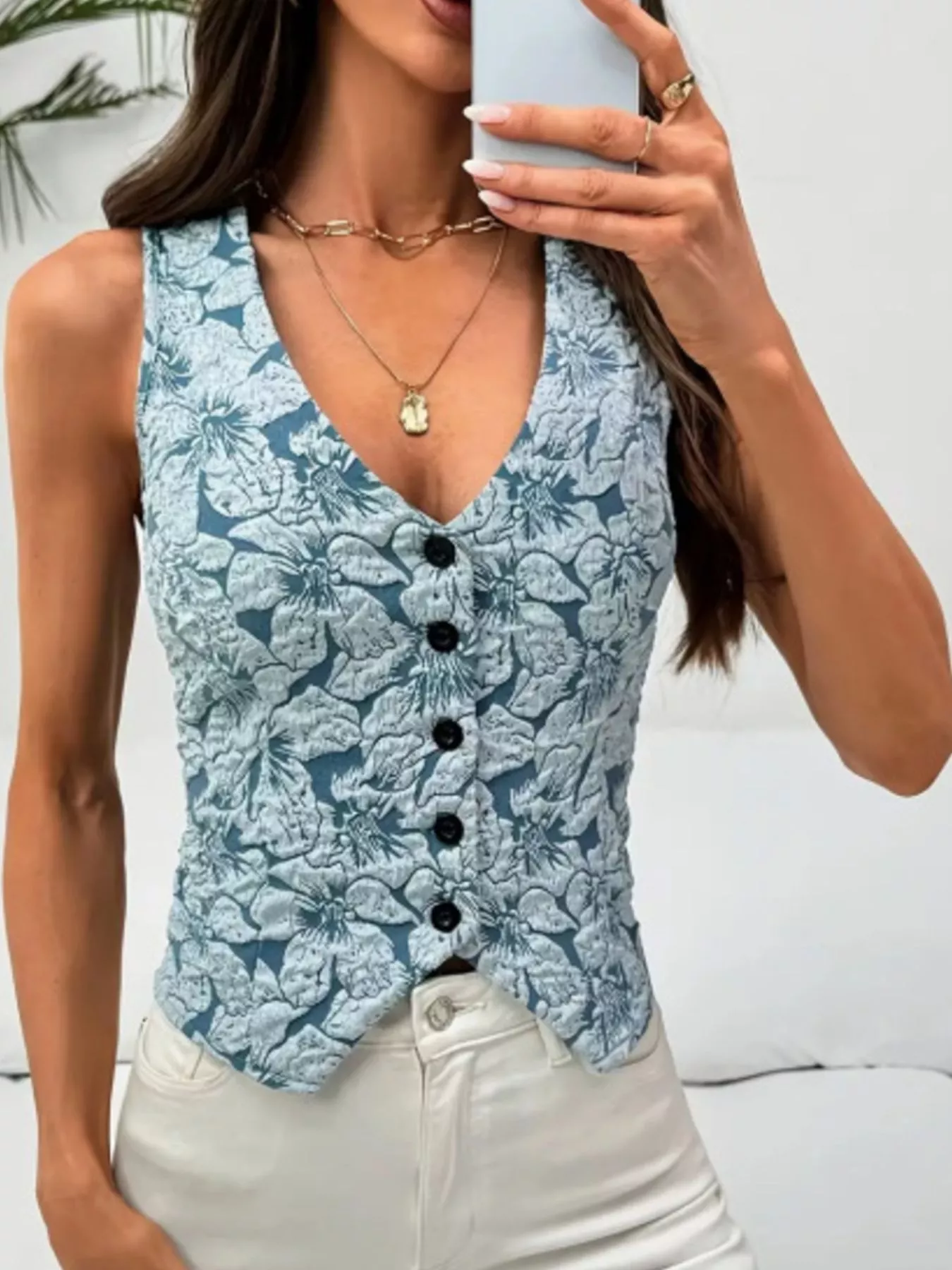 Floral Jacquard Button-Front Vest Coat - Image 3