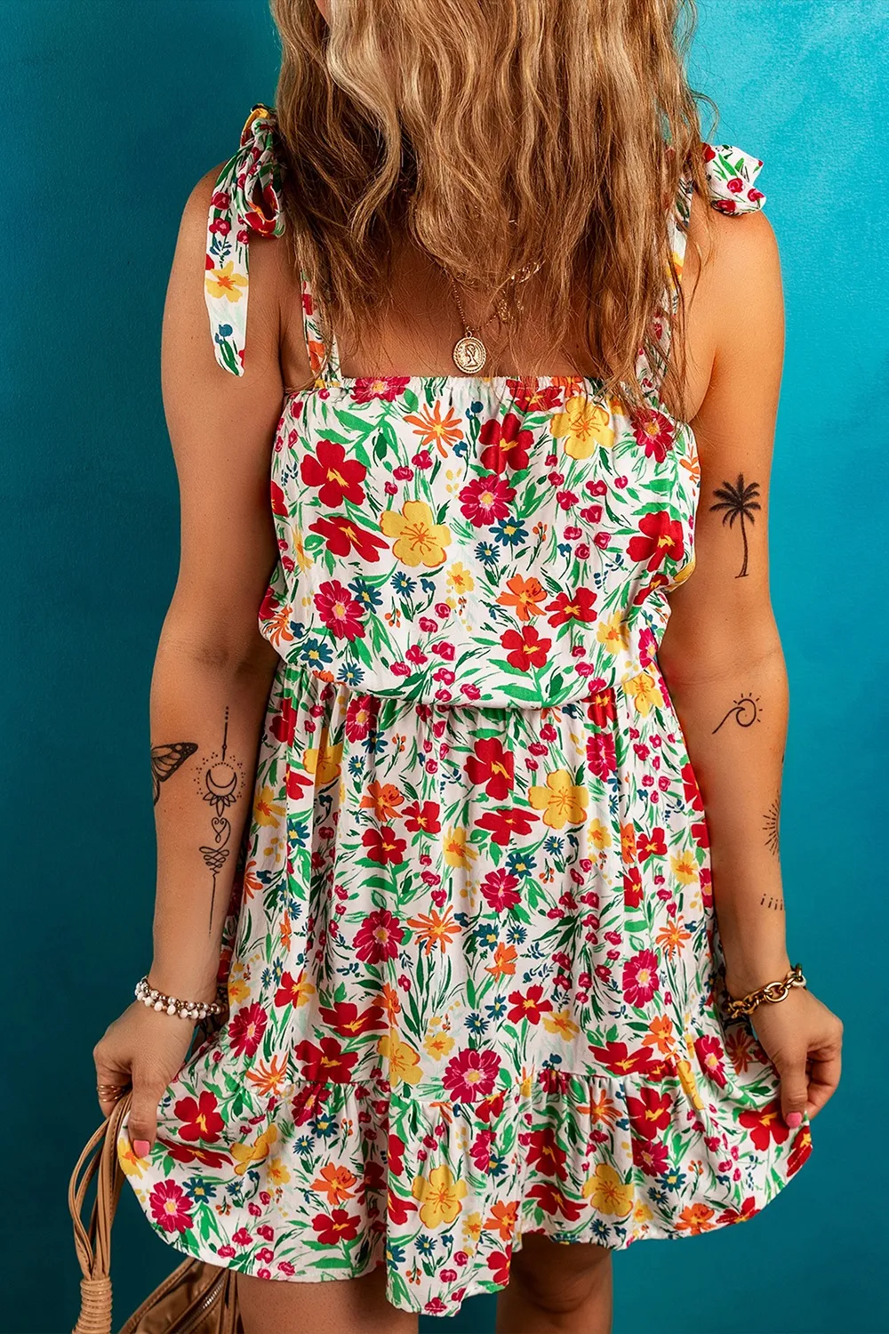 Floral Knotted Straps Cinched Waist Ruffle Hem Mini Dress - Image 3