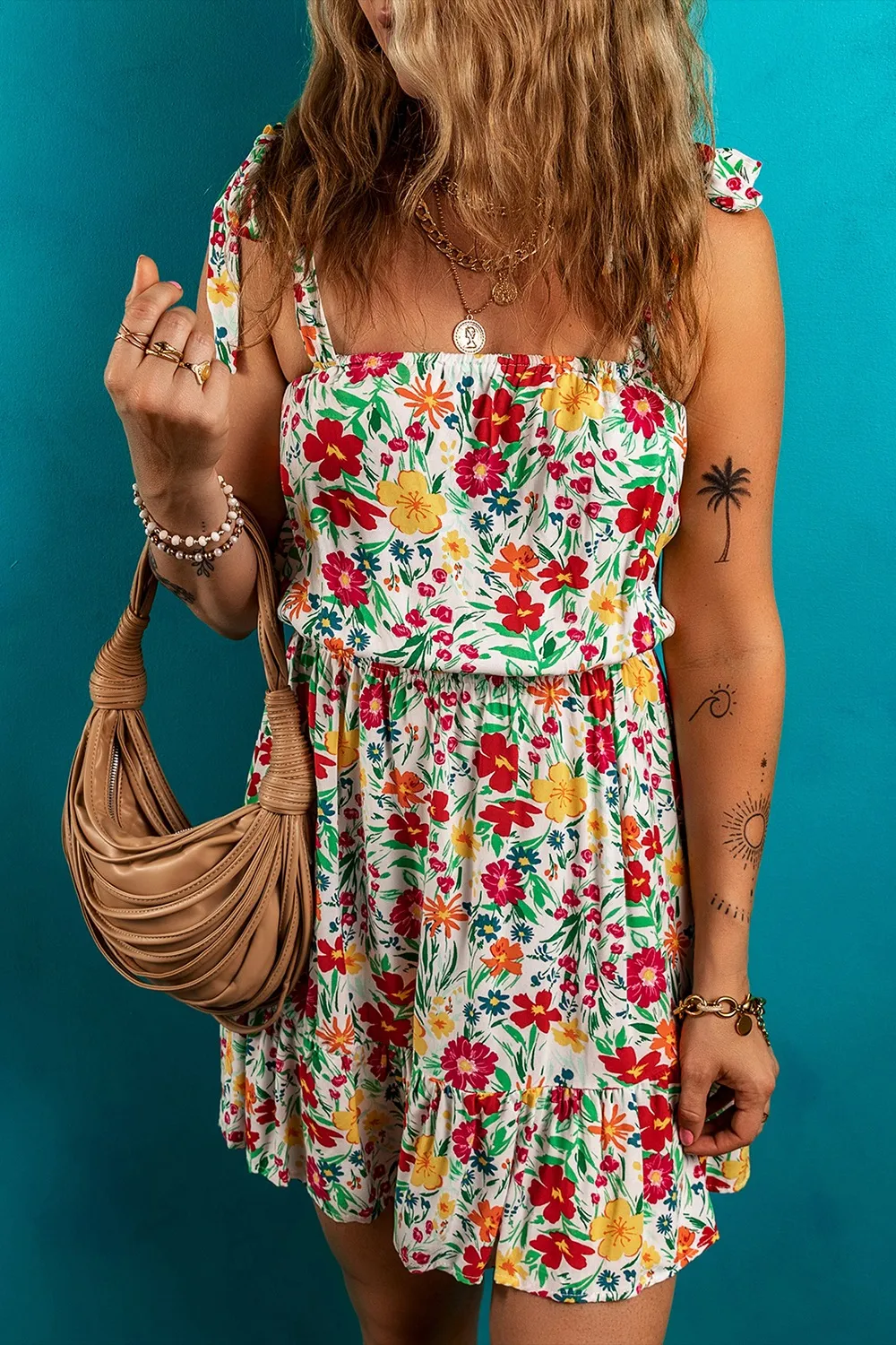 Floral Knotted Straps Cinched Waist Ruffle Hem Mini Dress - Image 4
