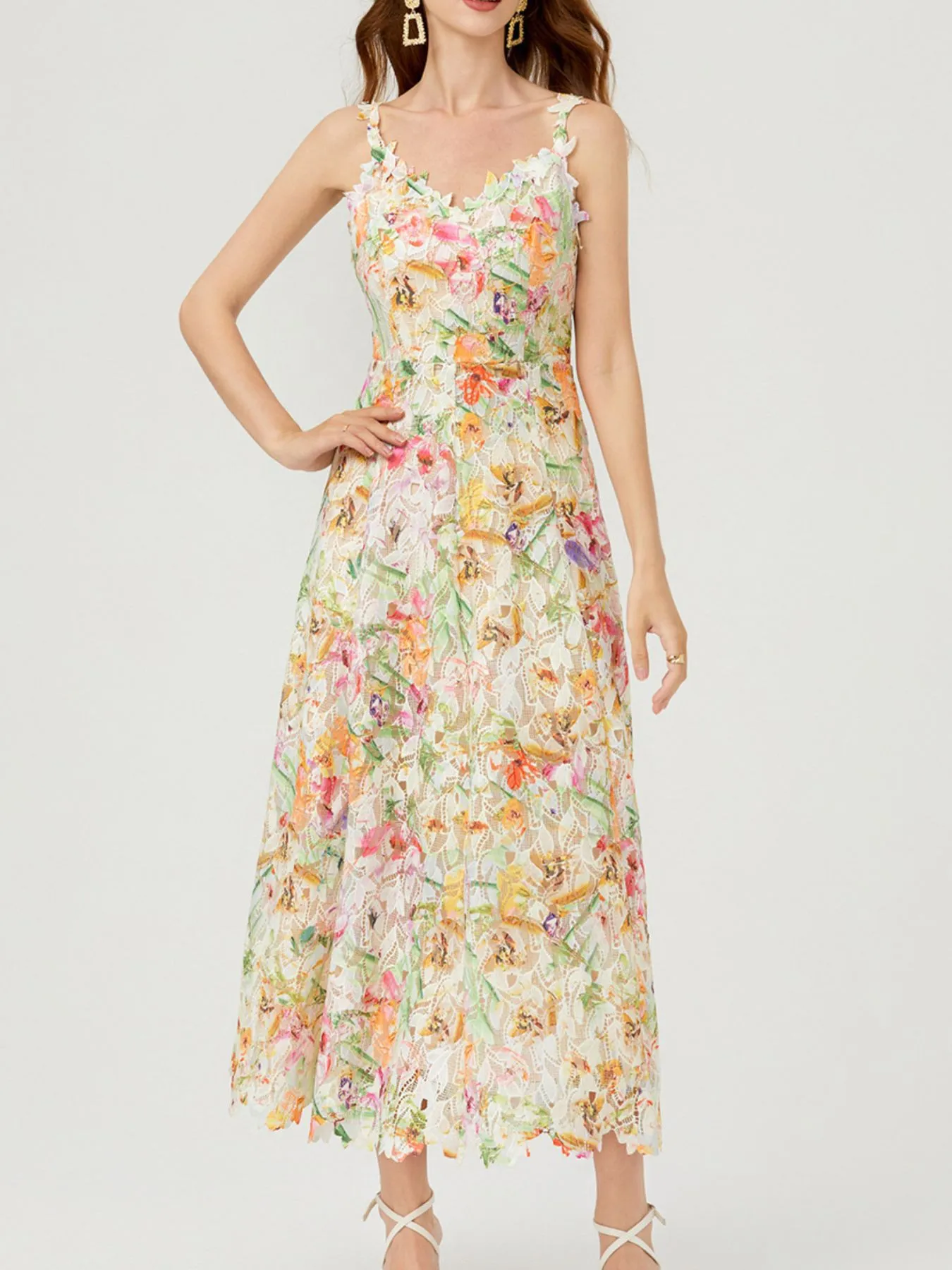 Floral Lace Sleeveless V-Neck Midi Dress - Image 3