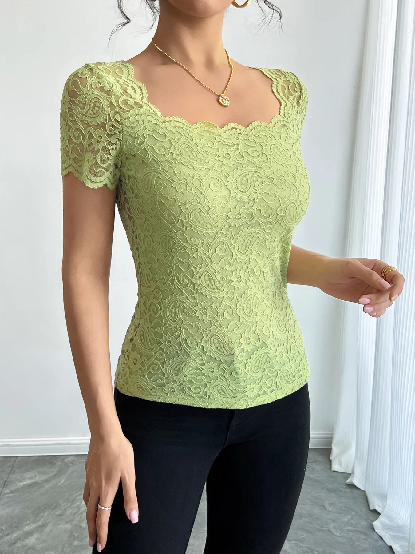 Floral Lace Square Neck T-Shirt - Image 4