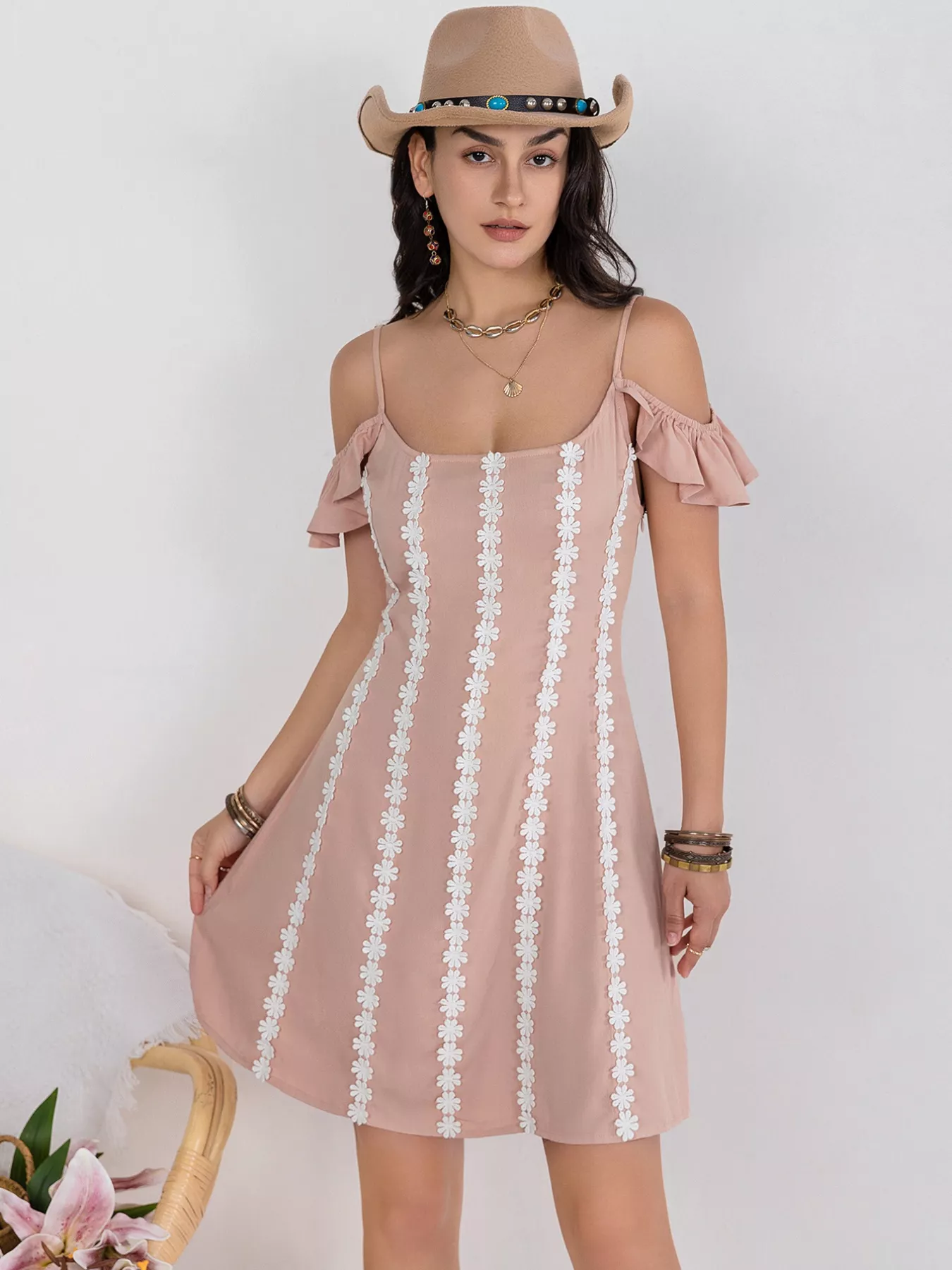 Floral Lace Trim Cold Shoulder A-Line Dress - Image 3