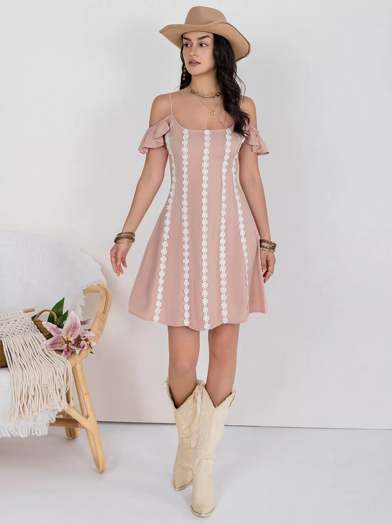 Floral Lace Trim Cold Shoulder A-Line Dress - Image 5
