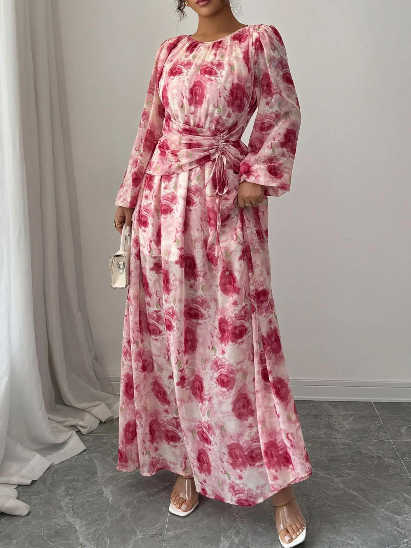 Floral Long Sleeve Maxi Dress with Drawstring Detail - Image 2