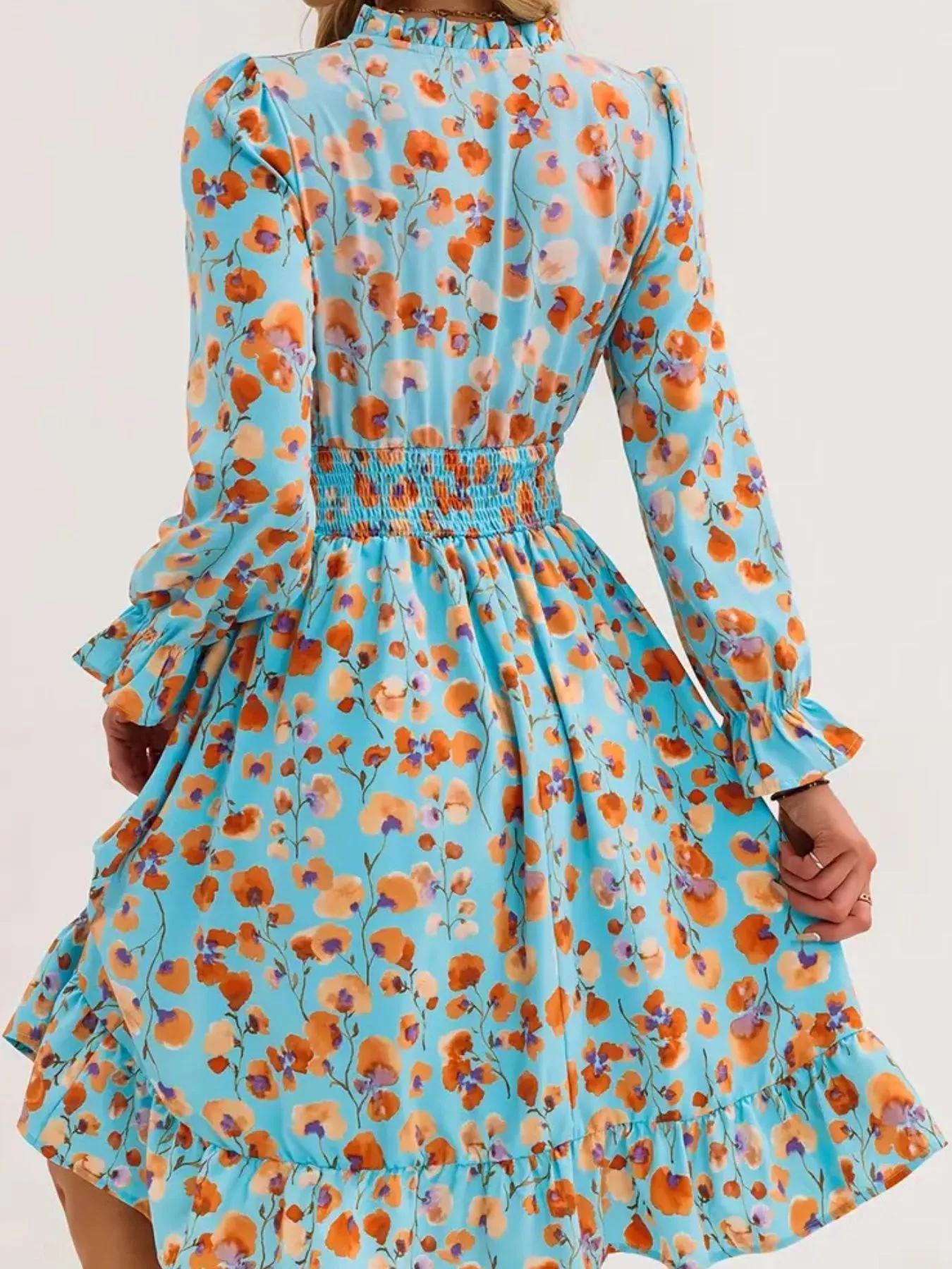 Floral Notched Flounce Sleeve Dress - Image 11