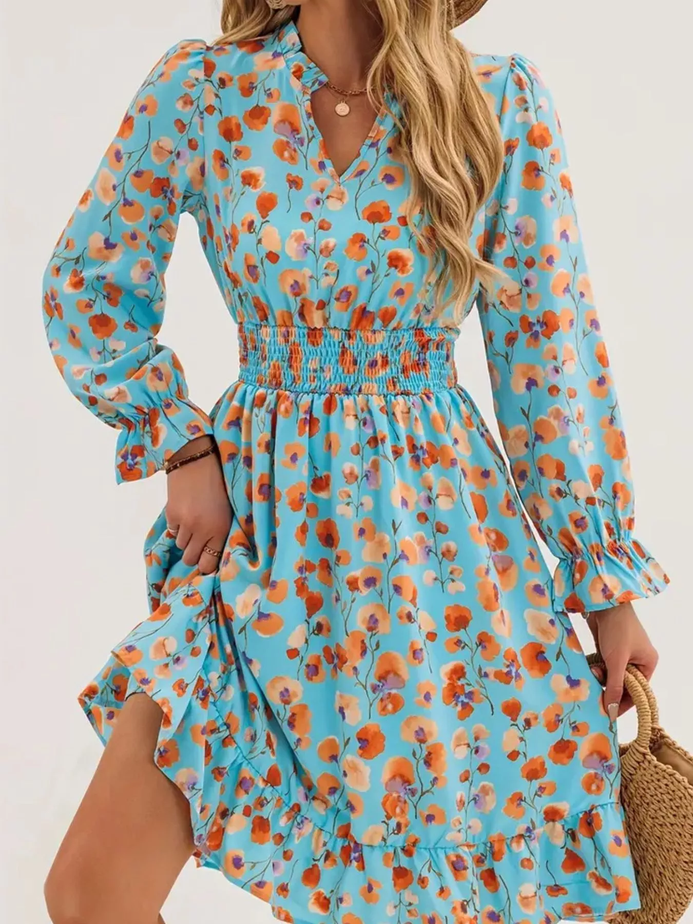 Floral Notched Flounce Sleeve Dress - Image 8