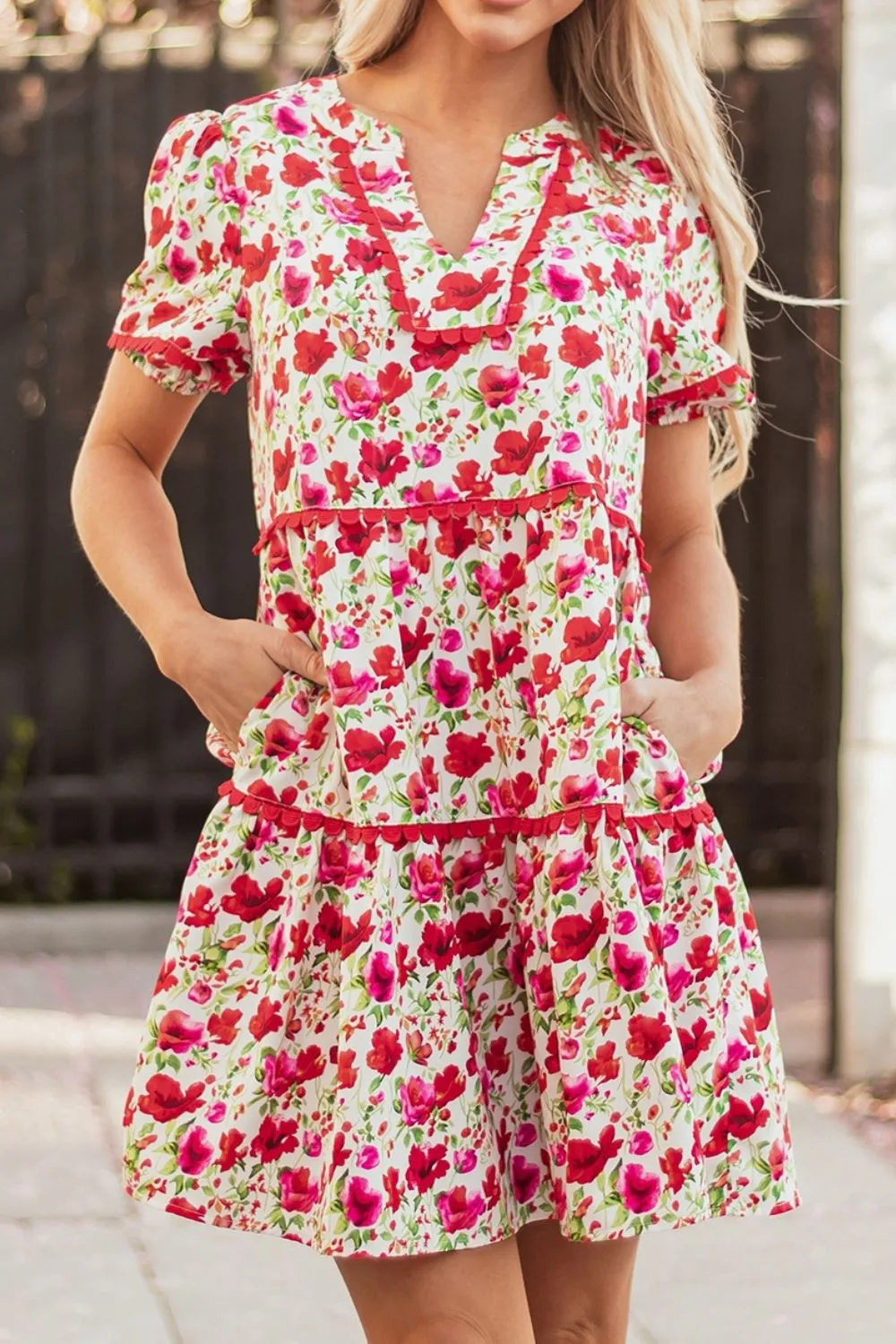 Floral Notched Short Sleeve Dress - Image 2