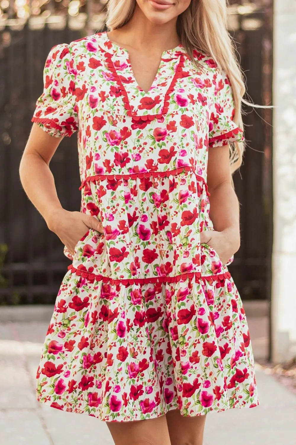Floral Notched Short Sleeve Dress - Image 5