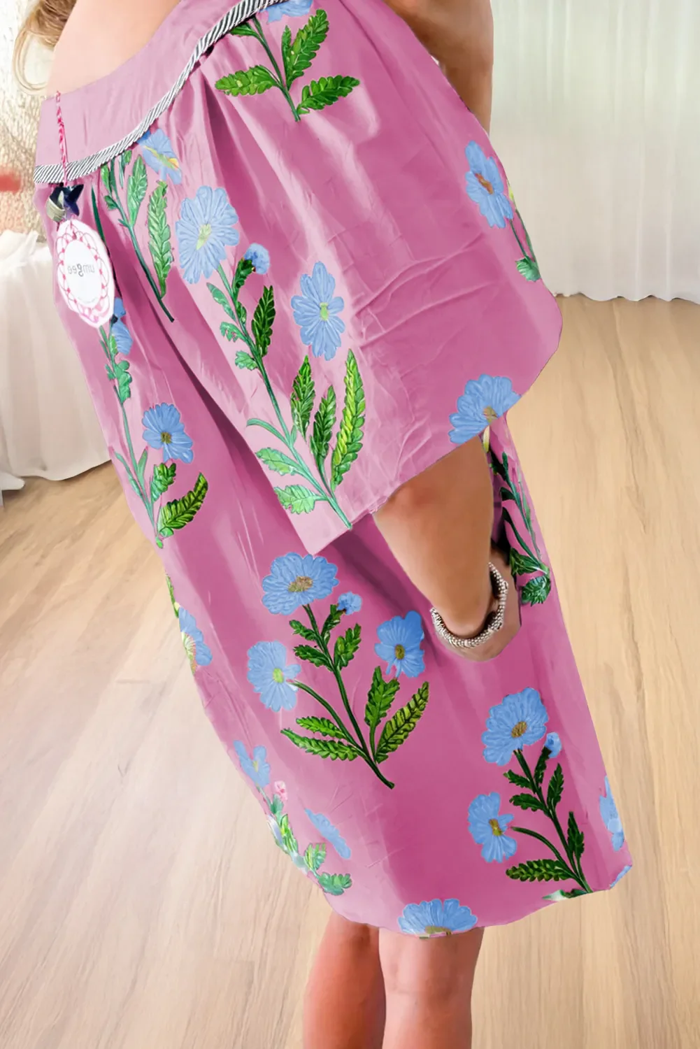 Floral Notched Summer Mini Dress with Striped Trim - Image 2