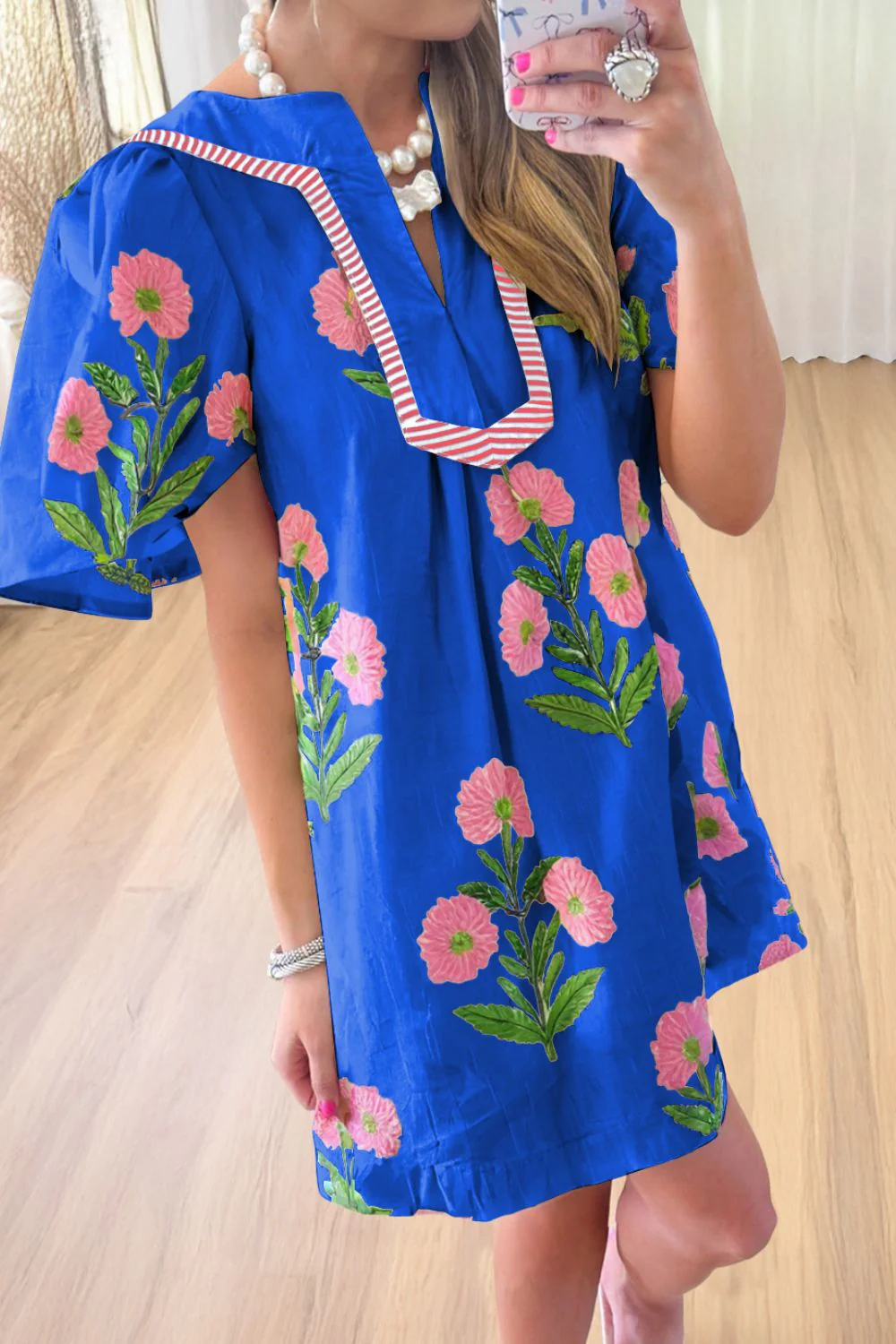 Floral Notched Summer Mini Dress with Striped Trim - Image 4
