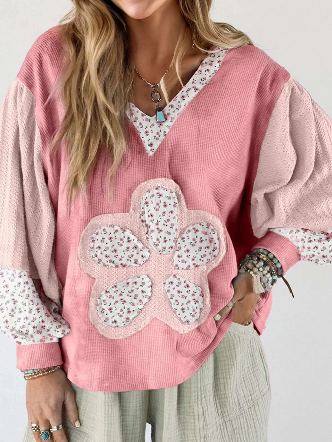 Floral Patch V-Neck Sweatshirt - Image 3