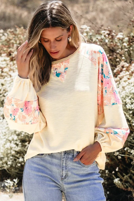Floral Patchwork Balloon Sleeve Textured Blouse - Image 3