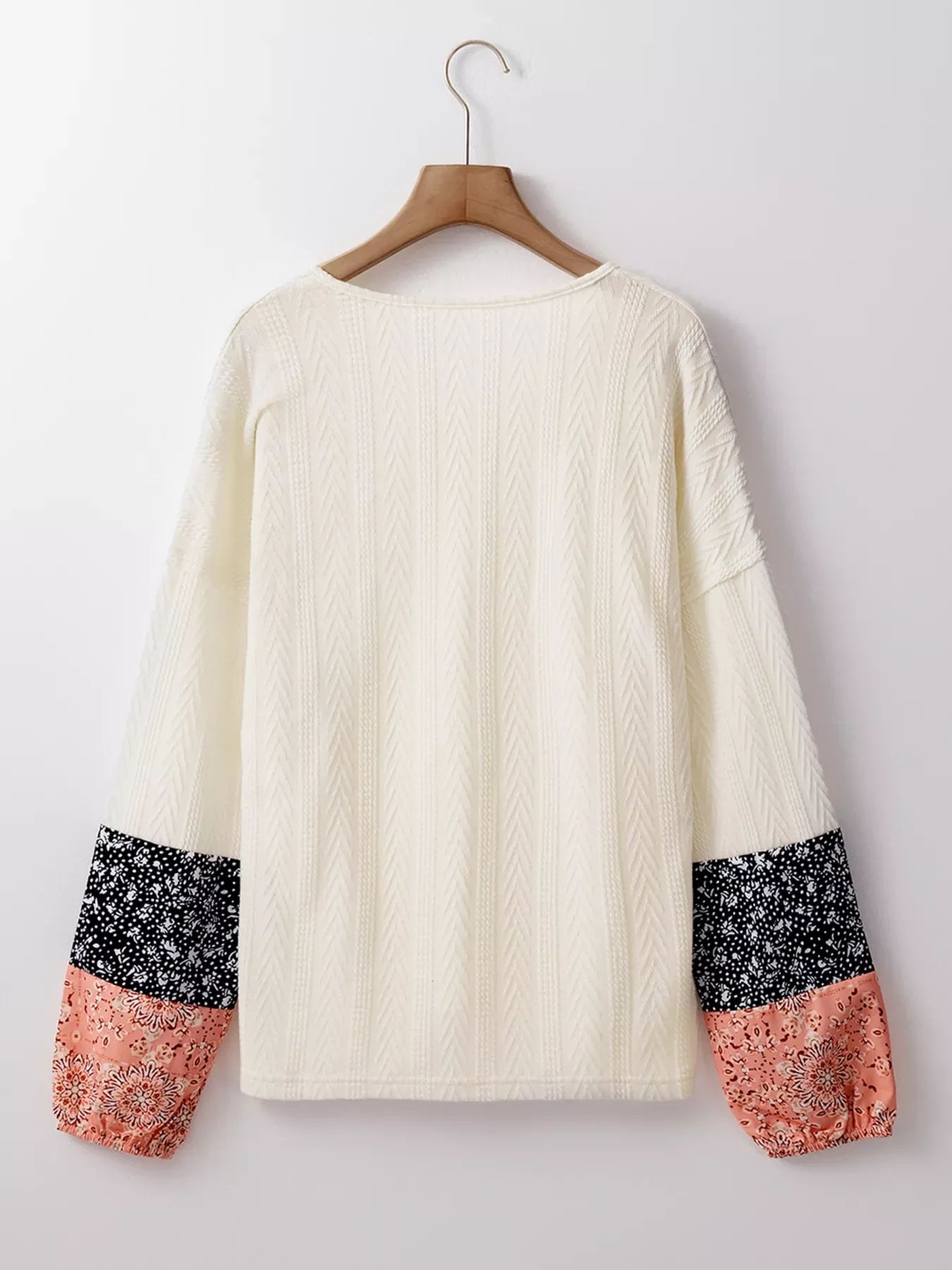 Floral Patchwork Textured Knit Drawstring V Neck Blouse - Image 4