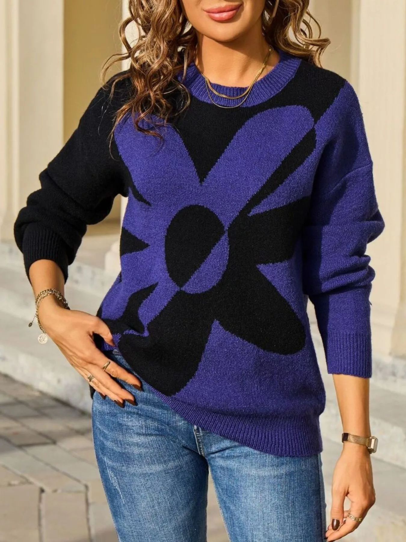 Floral Pattern Color Block Sweater - Image 5