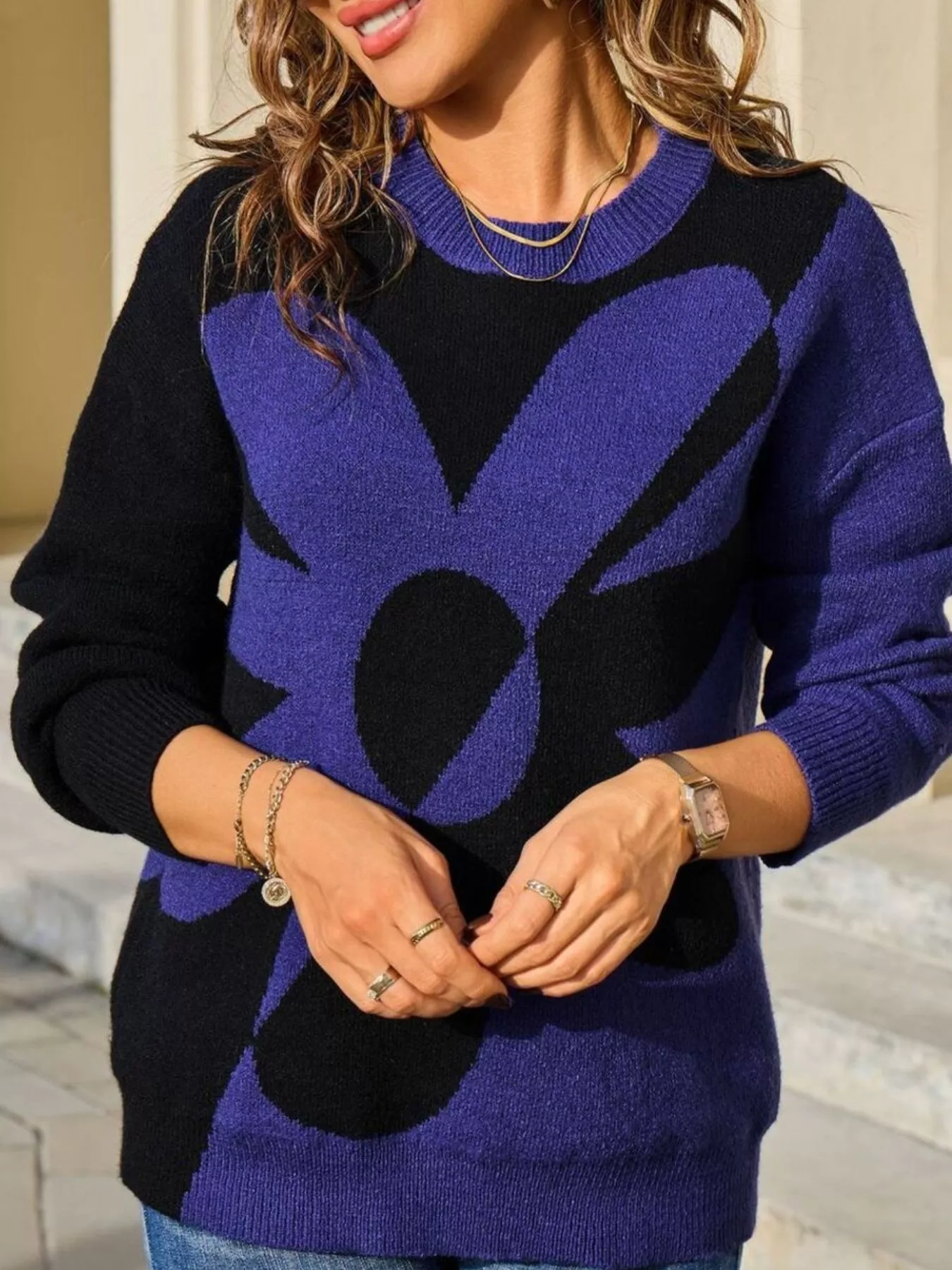 Floral Pattern Color Block Sweater - Image 6