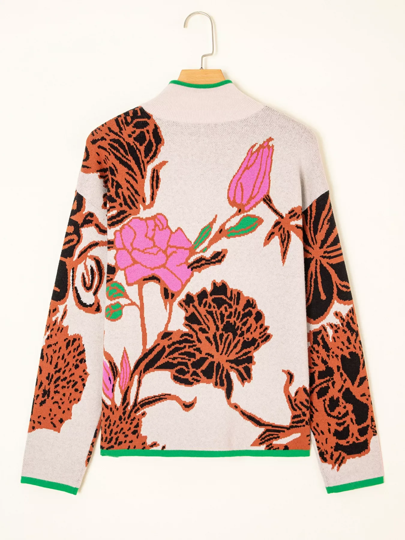 Floral Pattern Knit Quarter Zip Stand Neck Sweater - Image 3