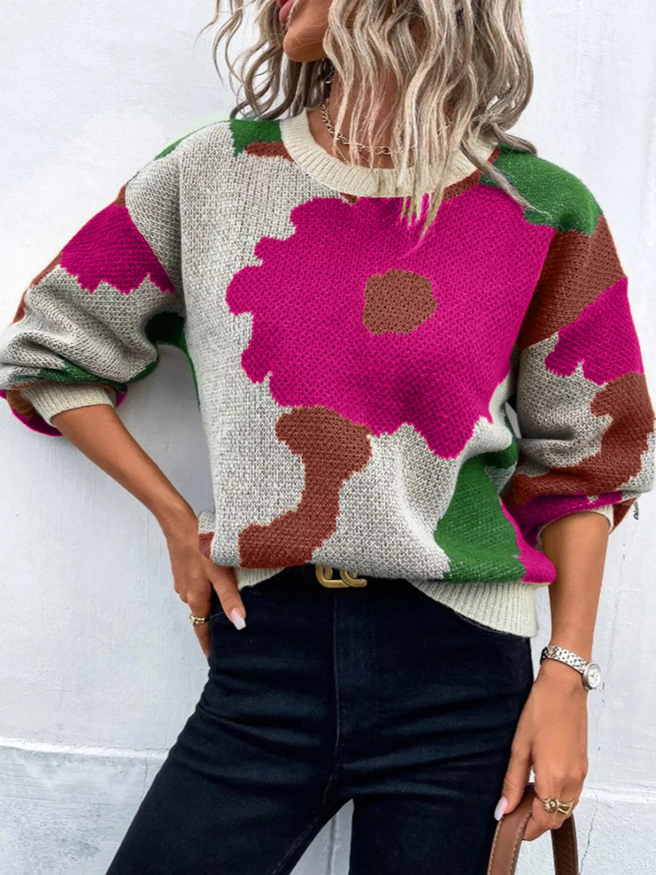 Floral Pattern Round Neck Sweater - Image 20