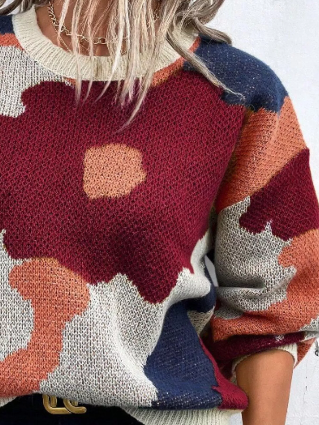 Floral Pattern Round Neck Sweater - Image 3