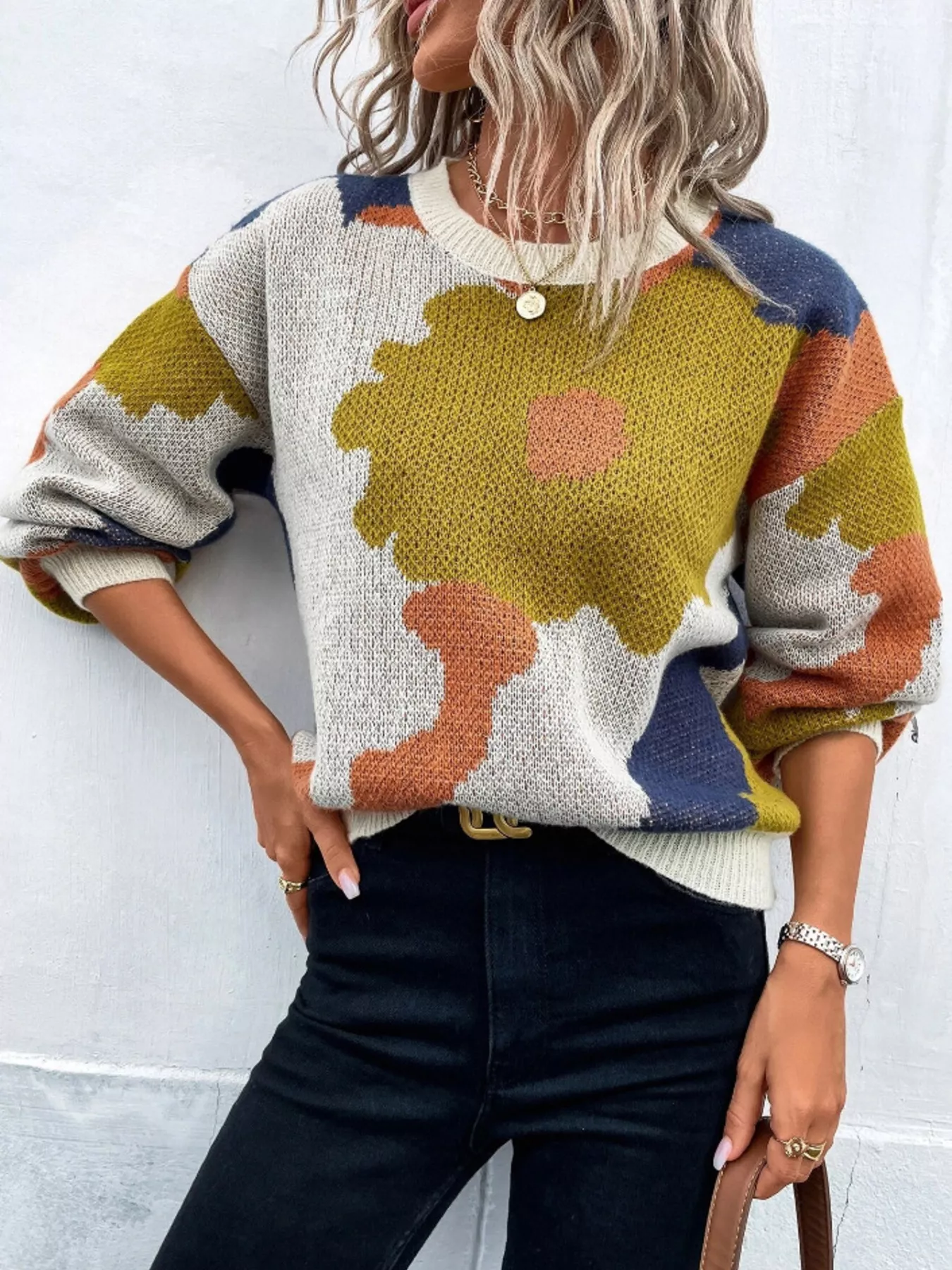 Floral Pattern Round Neck Sweater - Image 4