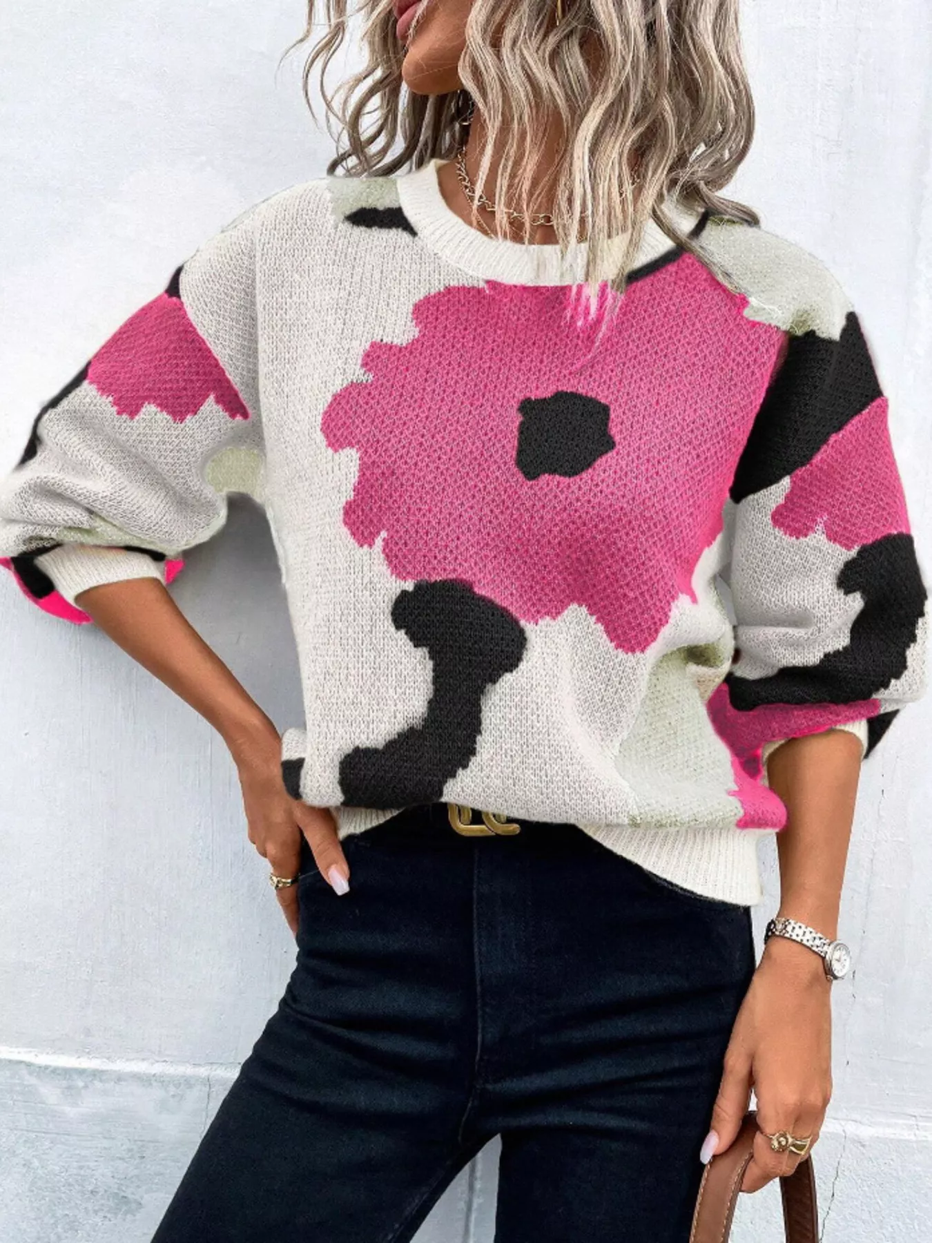 Floral Pattern Round Neck Sweater - Image 7
