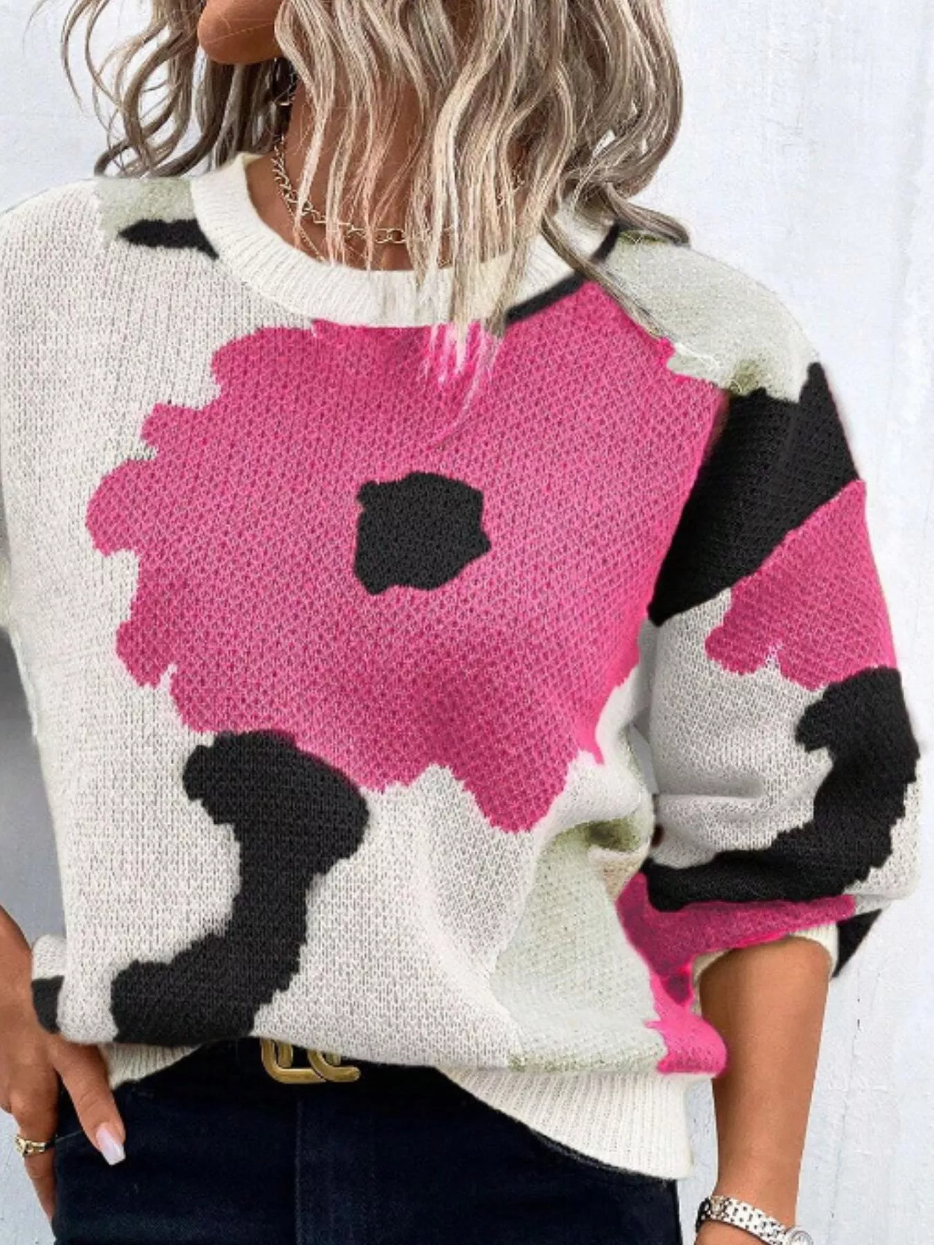 Floral Pattern Round Neck Sweater - Image 9